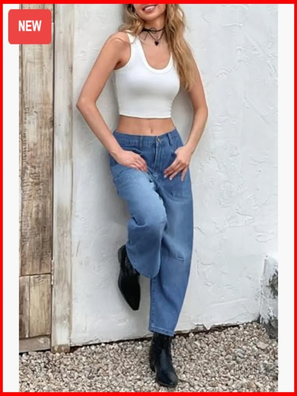 High Waisted Wide Leg Barrel Jeans Vintage Denim Pants with Patch Pockets - Picture 5 of 7